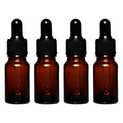 REGENT AMBER GLASS BOTTLES WITH BLACK PLASTIC DROPPER LIDS 4PK, 10ML
