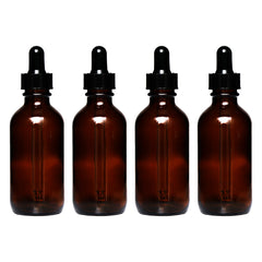 REGENT AMBER GLASS BOTTLES WITH BLACK PLASTIC DROPPER LIDS 4PK, 60ML