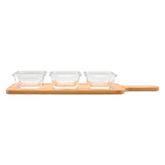 CONSOL SANTORINI 3 SQUARE GLASS BOWLS 140ML ON A BAMBOO SERVING BOARD 4PCS SET