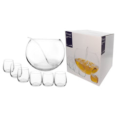 CONSOL GENOA GLASS PUNCH BOWL, 6 GLASSES 340ML AND PLASTIC LADLE 8PCS SET, 11L