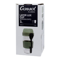 CONSOL LUGO LAYER LUX CUP WITH GREEN PLASTIC LID AND GREY SPOON, 480ML