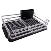 DISH RACK SILVER ALUMINIUM WITH BLACK PLASTIC UTENSIL HOLDER & TRAY, 428X318MM