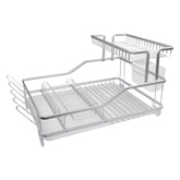 DOUBLE DISH RACK SILVER ALUMINIUM WITH OPAQUE PLASTIC UTENSIL HOLDER AND TRAY,