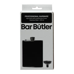BAR BUTLER HIP FLASK ST STEEL WITH BLACK LEATHERETTE COVER AND FUNNEL, 250ML