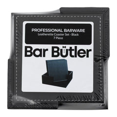 BAR BUTLER SQUARE LEATHERETTE COASTERS IN HOLDER 7PC SET