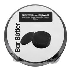 BAR BUTLER ROUND LEATHERETTE COASTERS IN HOLDER 7PCS SET