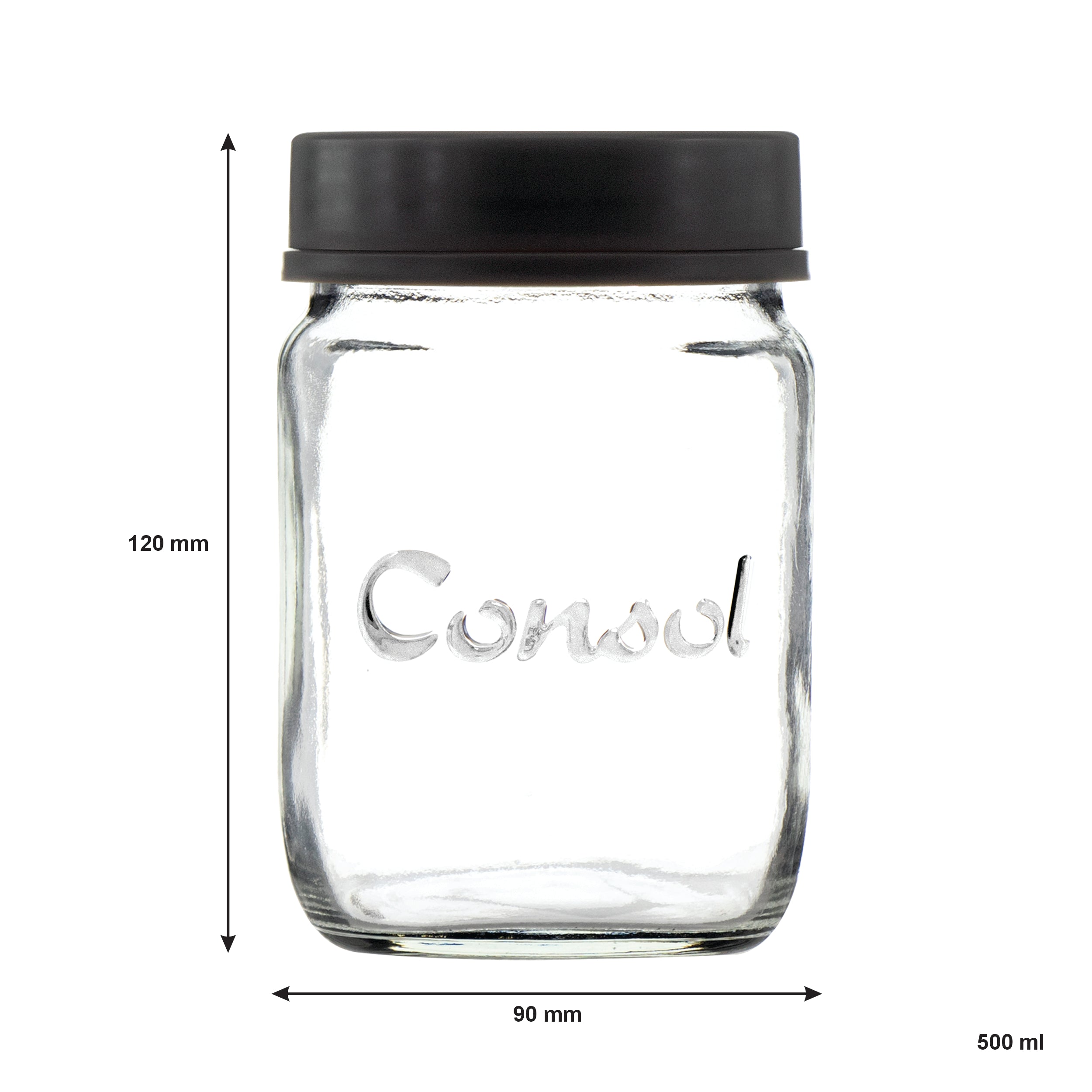 CONSOL JAR WITH NEW ASSORTED COLOURED LIDS, 500ML