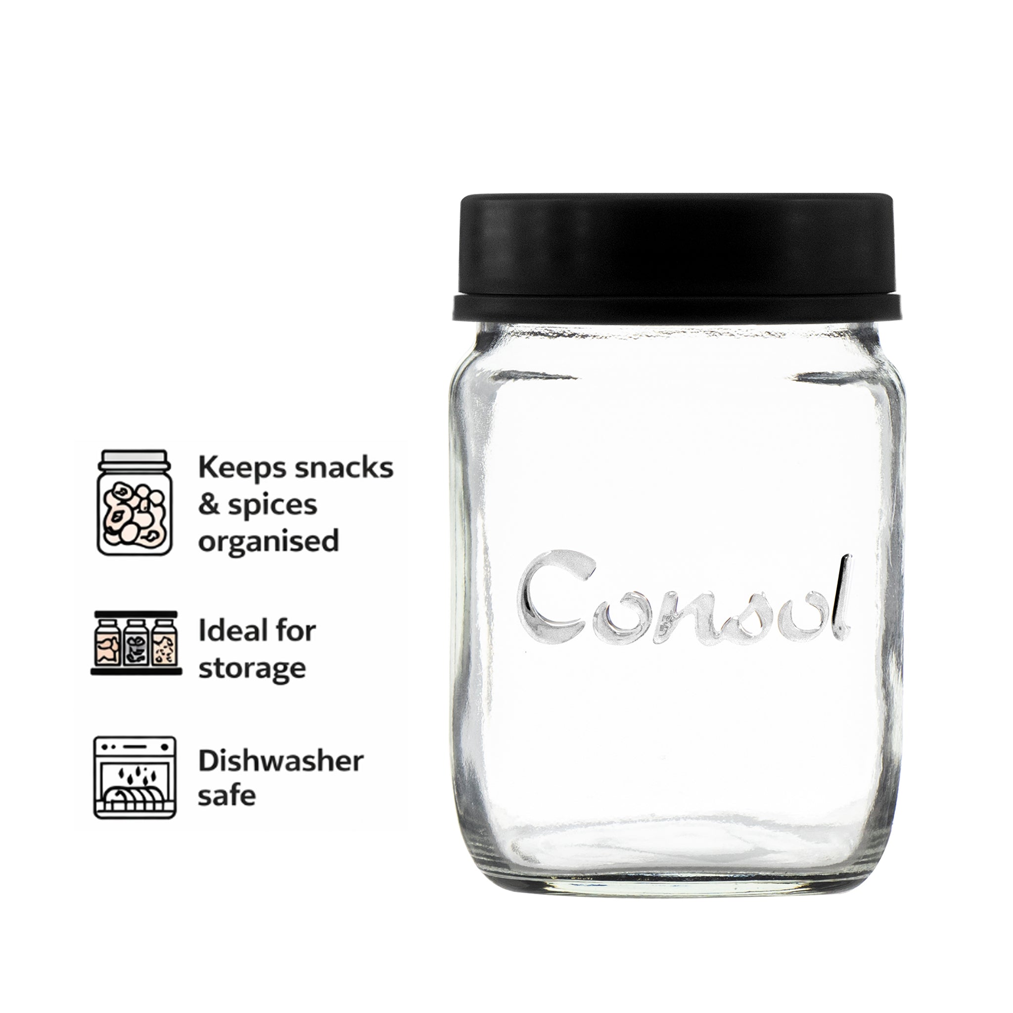CONSOL JAR WITH NEW ASSORTED COLOURED LIDS, 1L