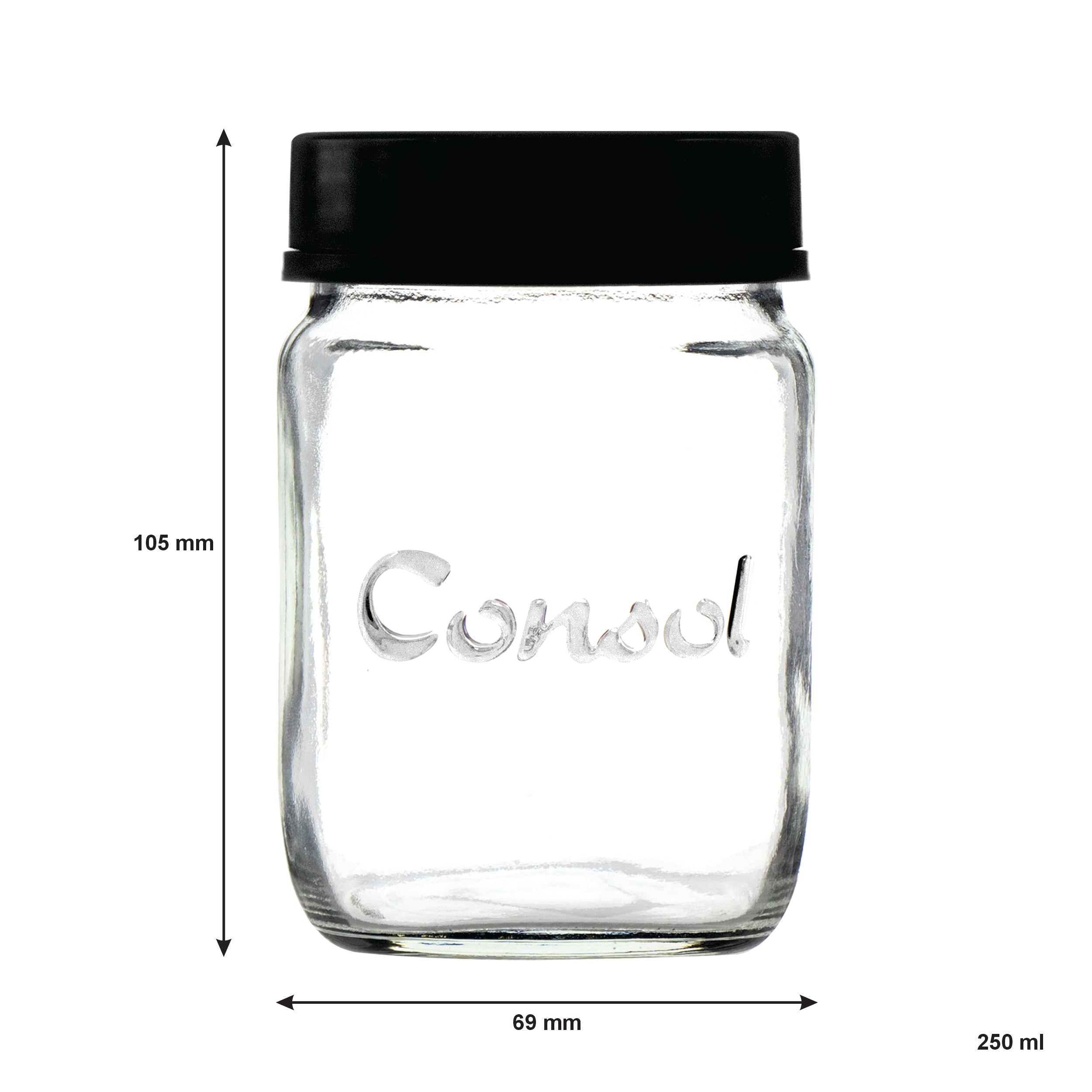 CONSOL JAR WITH NEW ASSORTED COLOURED LID, 250ML