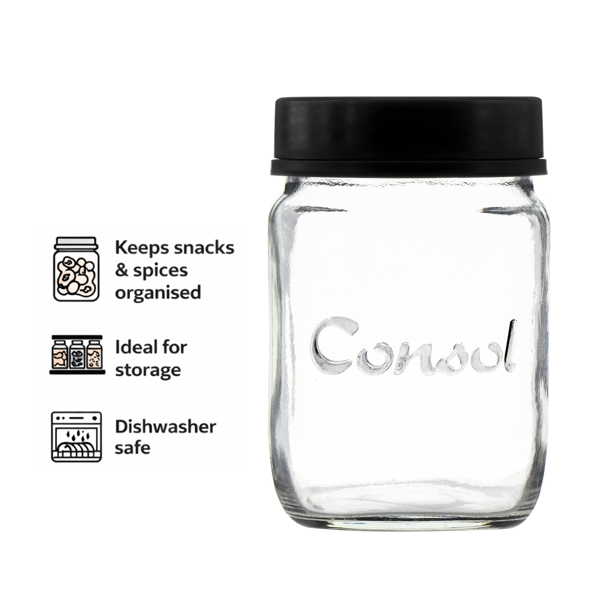CONSOL JAR WITH NEW ASSORTED COLOURED LID, 250ML
