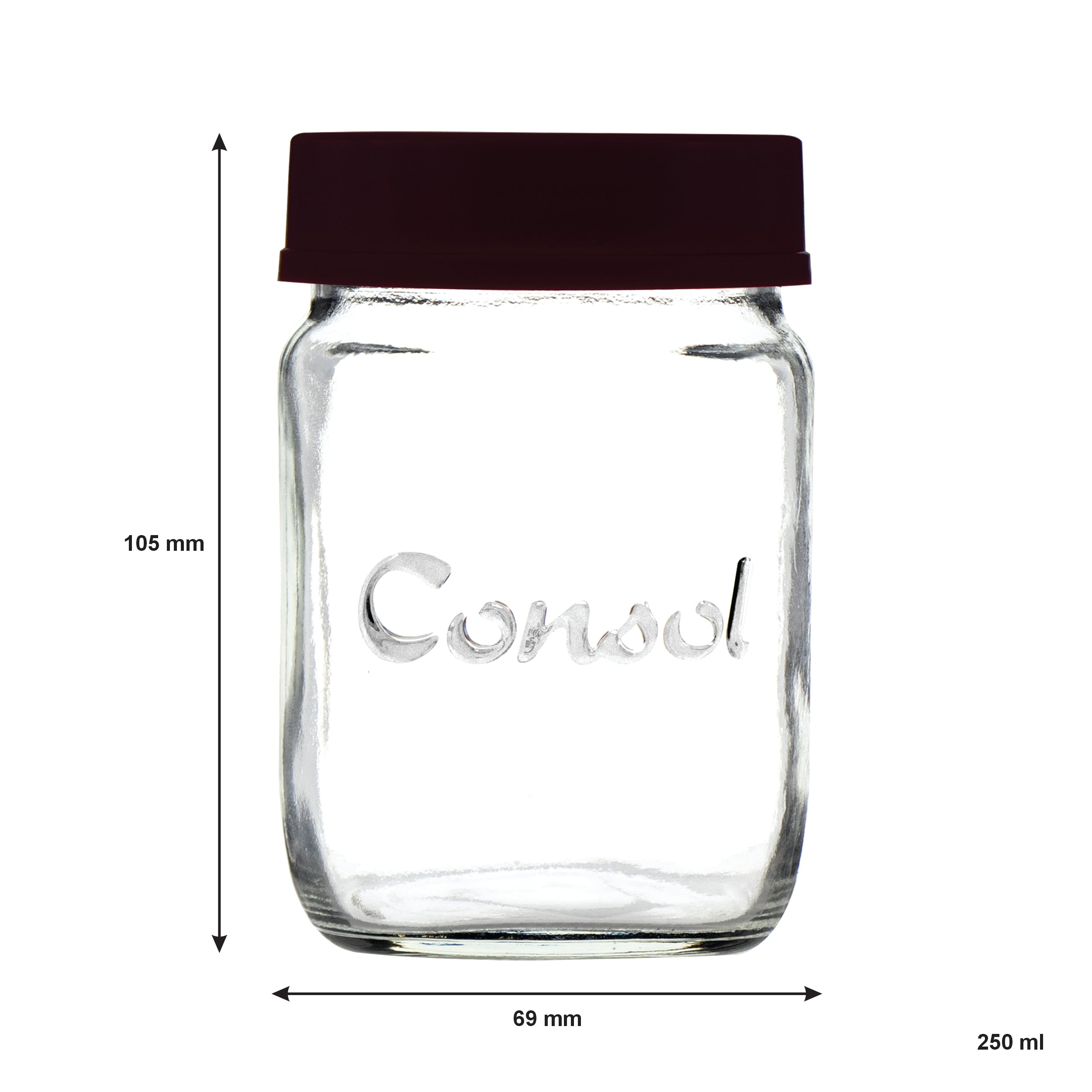 CONSOL JAR WITH NEW ASSORTED COLOURED LID, 250ML