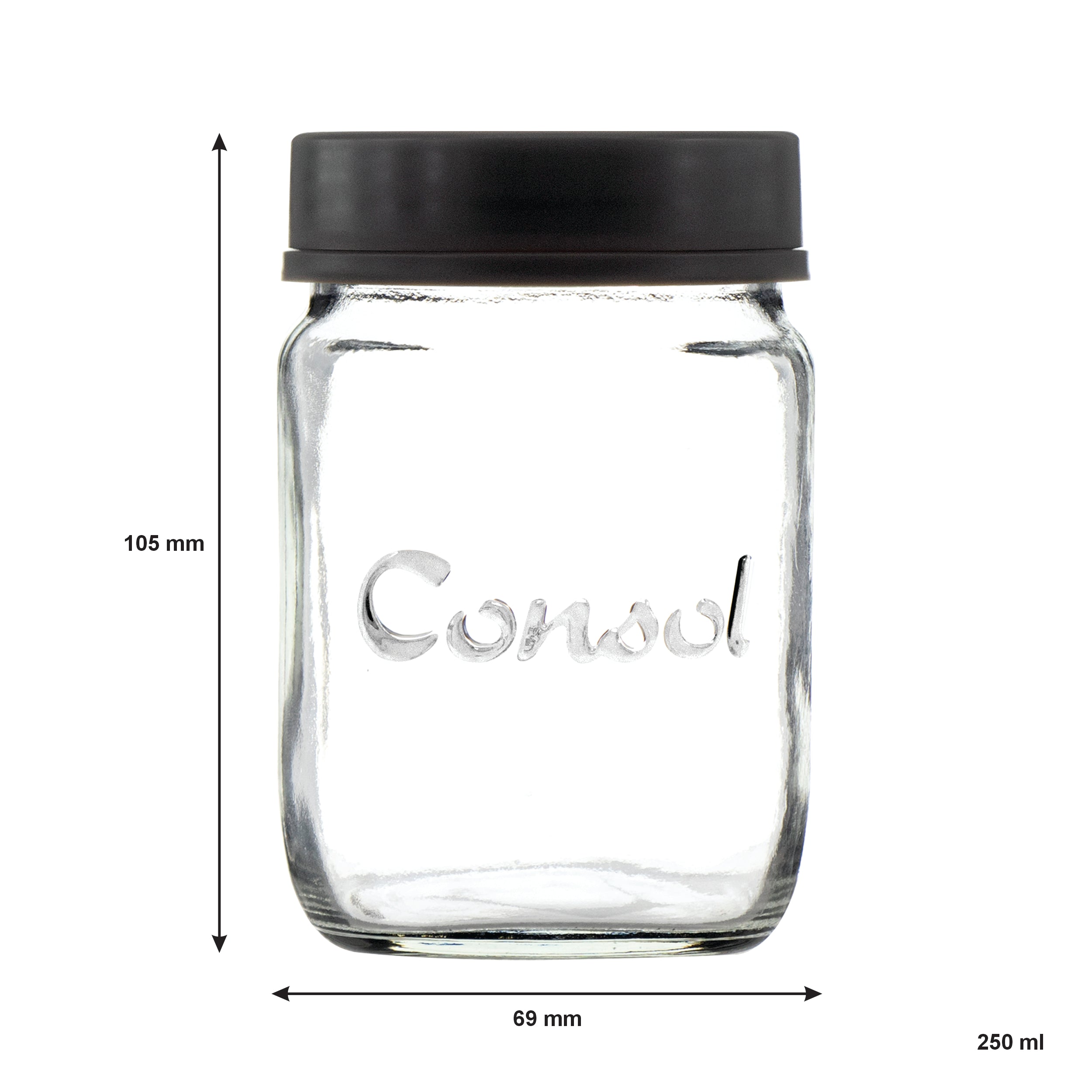 CONSOL JAR WITH NEW ASSORTED COLOURED LID, 250ML