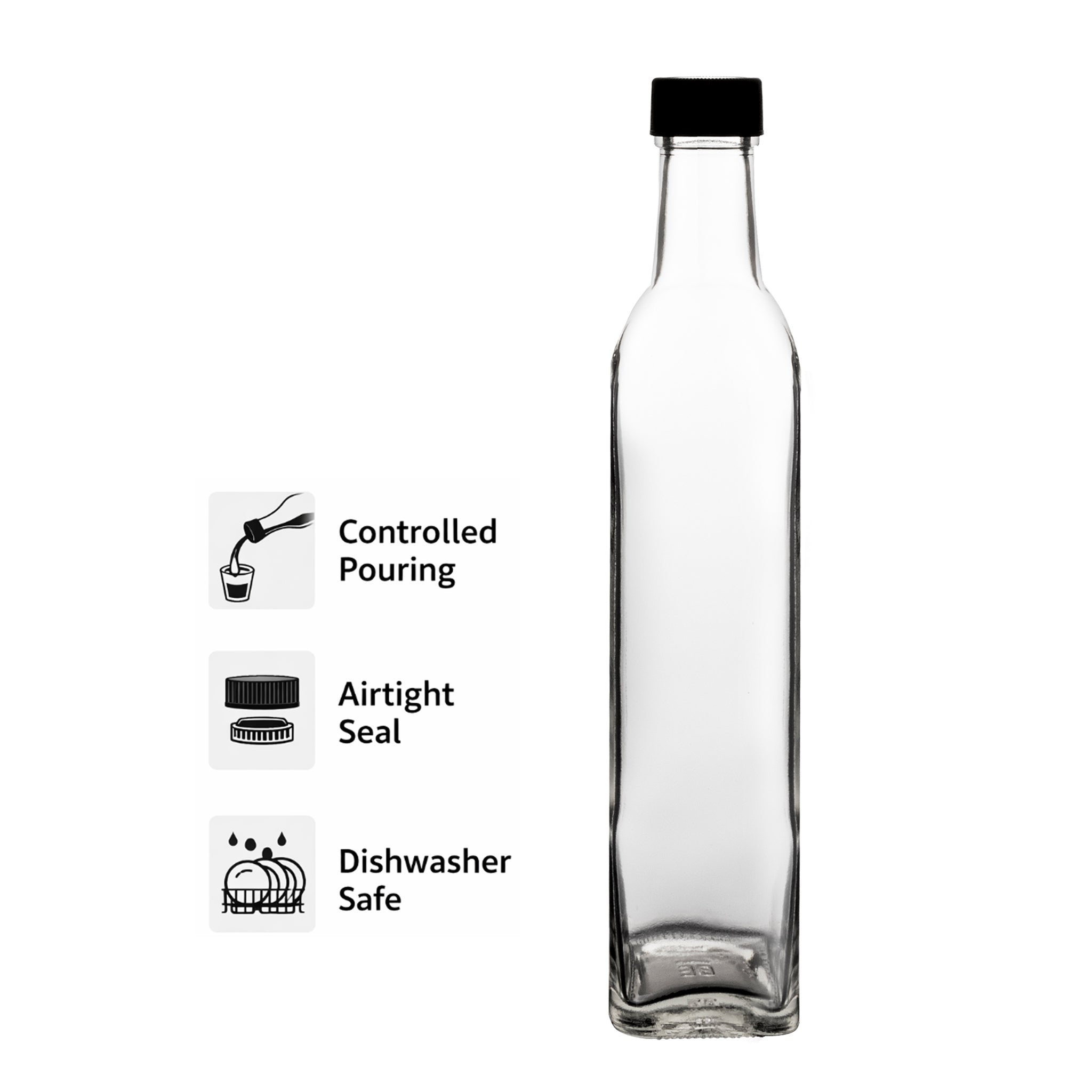 CONSOL SQUARE OIL/VINEGAR BOTTLE WITH BLACK LID, 500ML