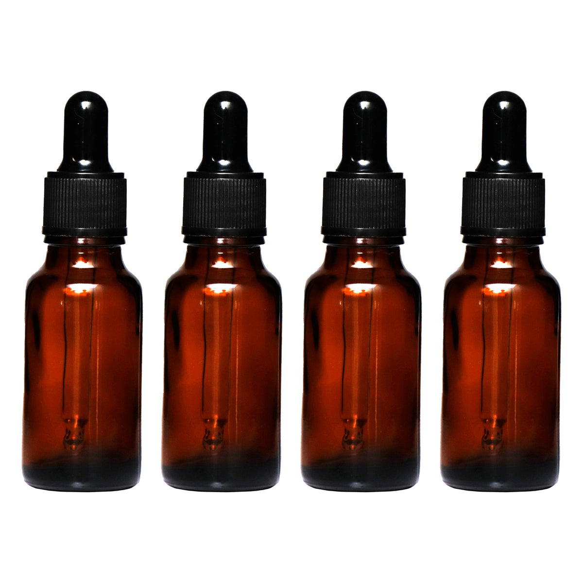 REGENT AMBER GLASS BOTTLES WITH BLACK PLASTIC DROPPER LIDS 4PK, 20ML