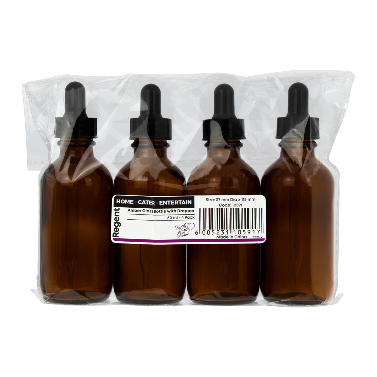 REGENT AMBER GLASS BOTTLES WITH BLACK PLASTIC DROPPER LIDS 4PK, 60ML