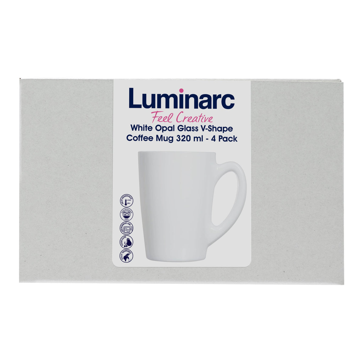 LUMINARC WHITE OPAL GLASS BULLET SHAPE COFFEE MUGS 4PK, 320ML