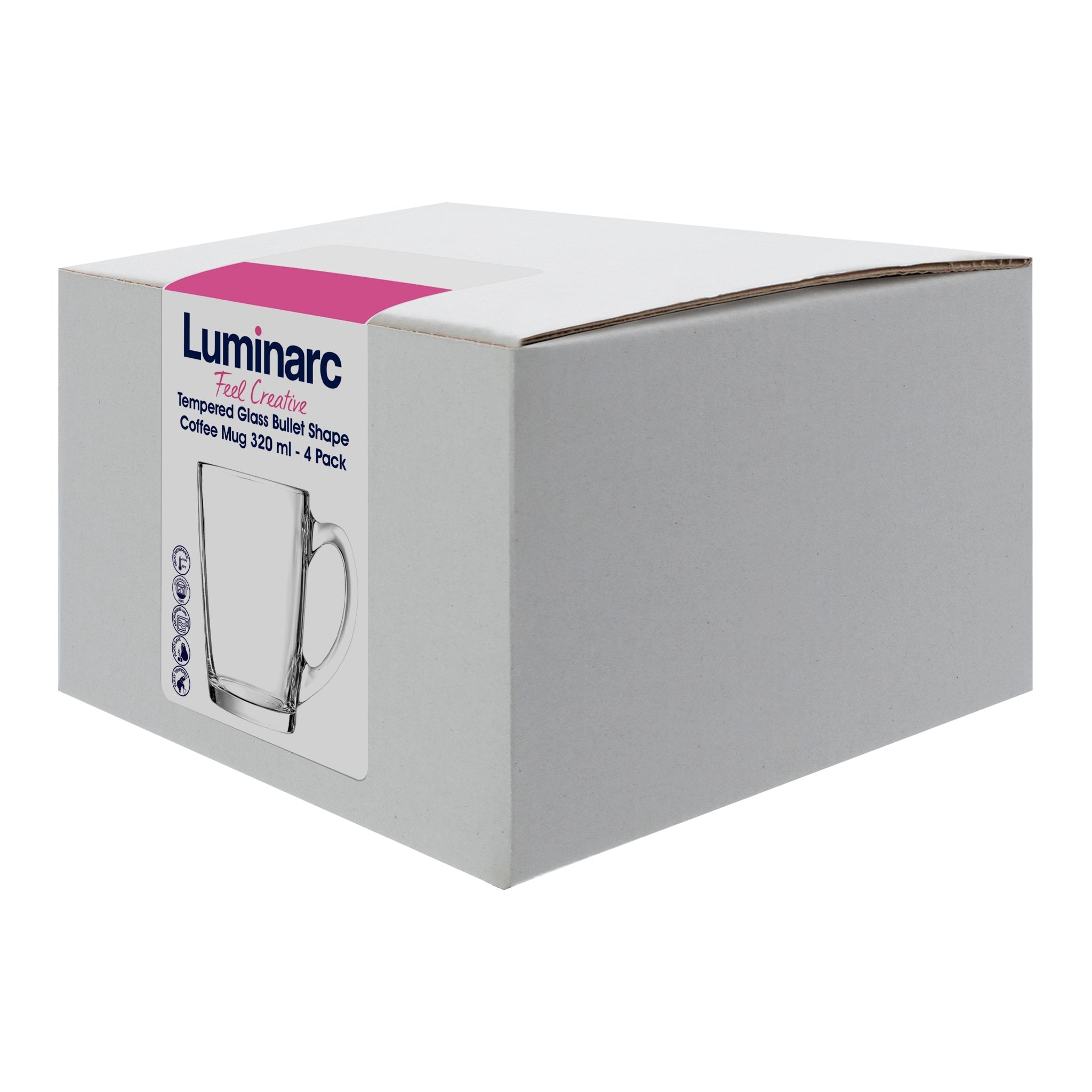 LUMINARC TEMPERED GLASS BULLET SHAPE COFFEE MUGS 4PK, 320ML
