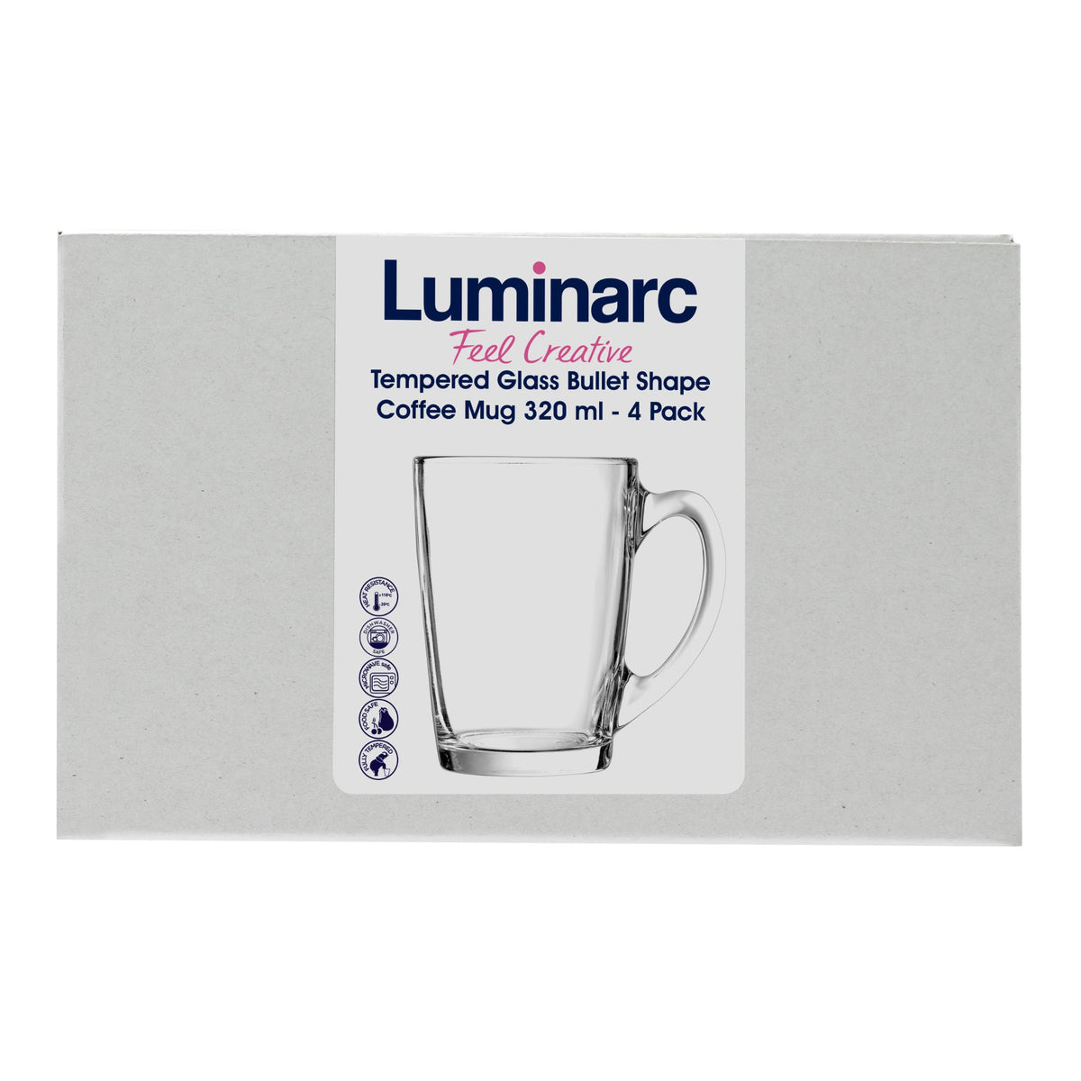 LUMINARC TEMPERED GLASS BULLET SHAPE COFFEE MUGS 4PK, 320ML