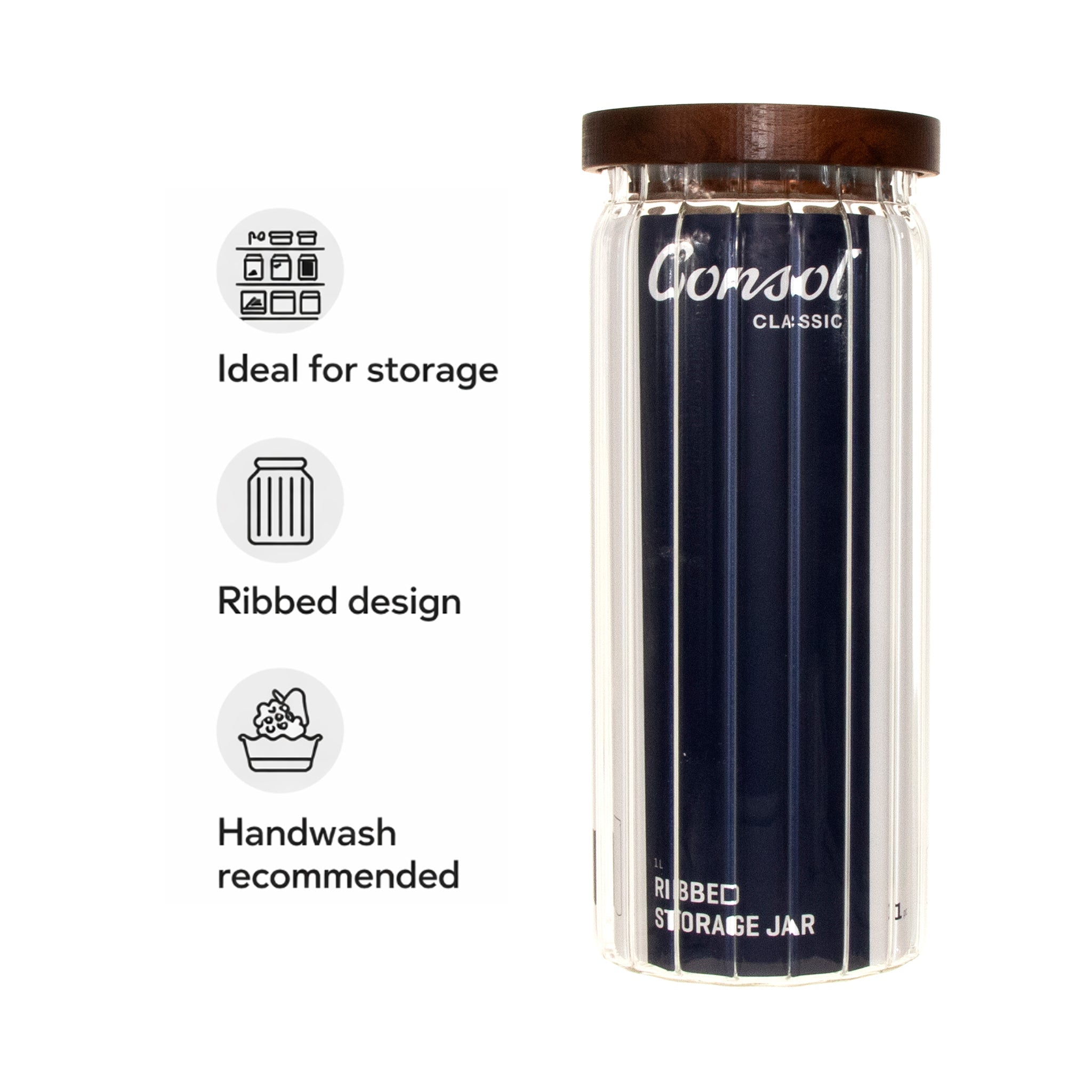 CONSOL ROUND RIBBED CANISTER WITH ACACIA LID, 1L