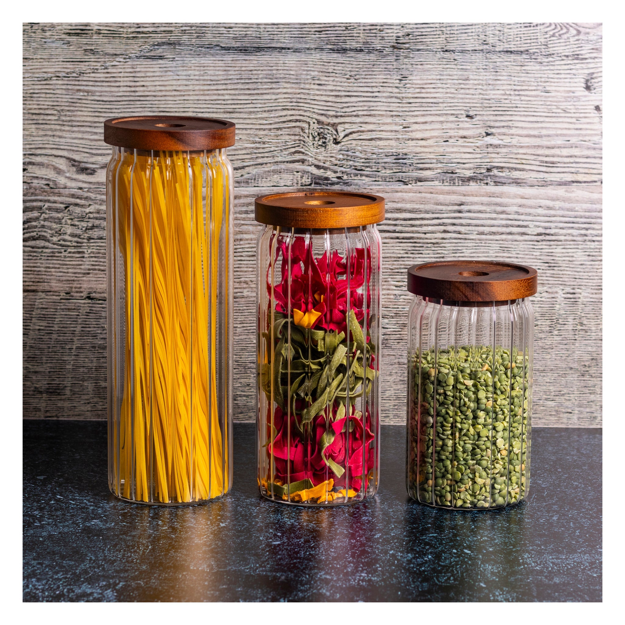 CONSOL ROUND RIBBED CANISTER WITH ACACIA LID, 1.35L