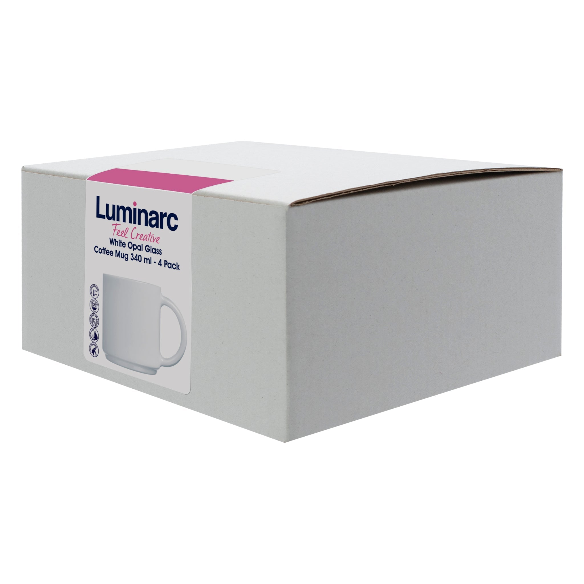 LUMINARC WHITE OPAL GLASS STACKING COFFEE MUGS 4PK, 340ML