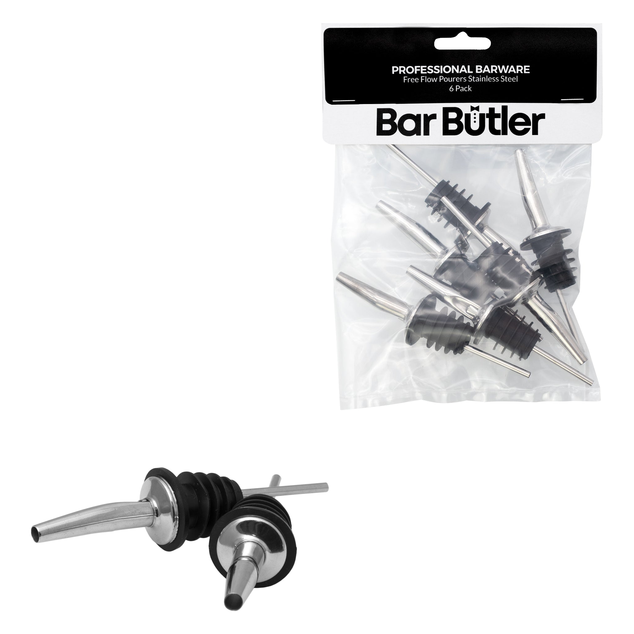 BAR BUTLER FREE FLOW POURERS ST STEEL 6PK