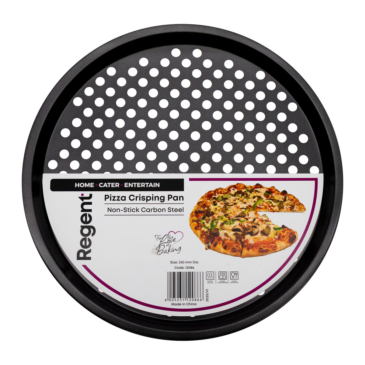 REGENT BAKEWARE PIZZA CRISPING PAN CARBON STEEL NON STICK COATED, 325MM DIA