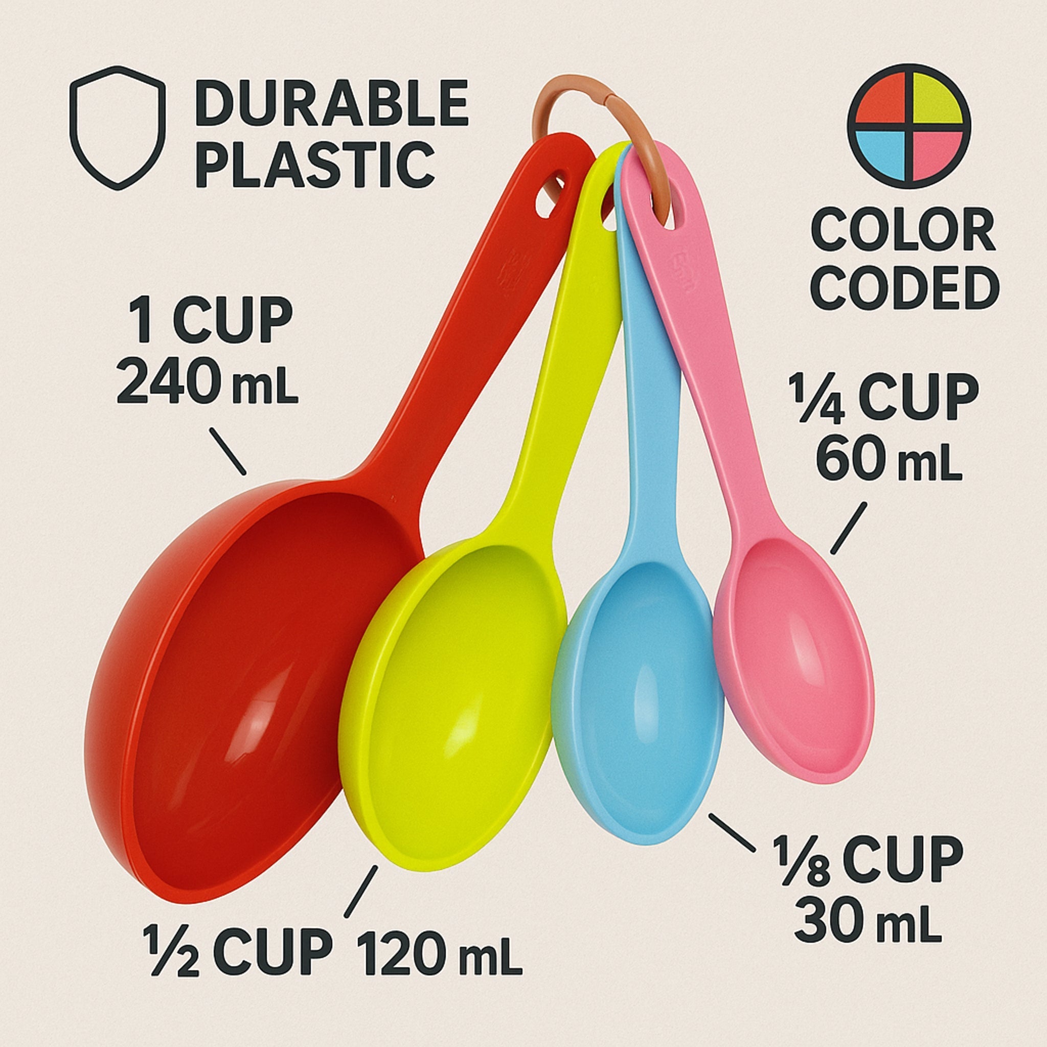 REGENT BAKEWARE OVAL MEASURING CUP PLASTIC COLOURS 4PK SET