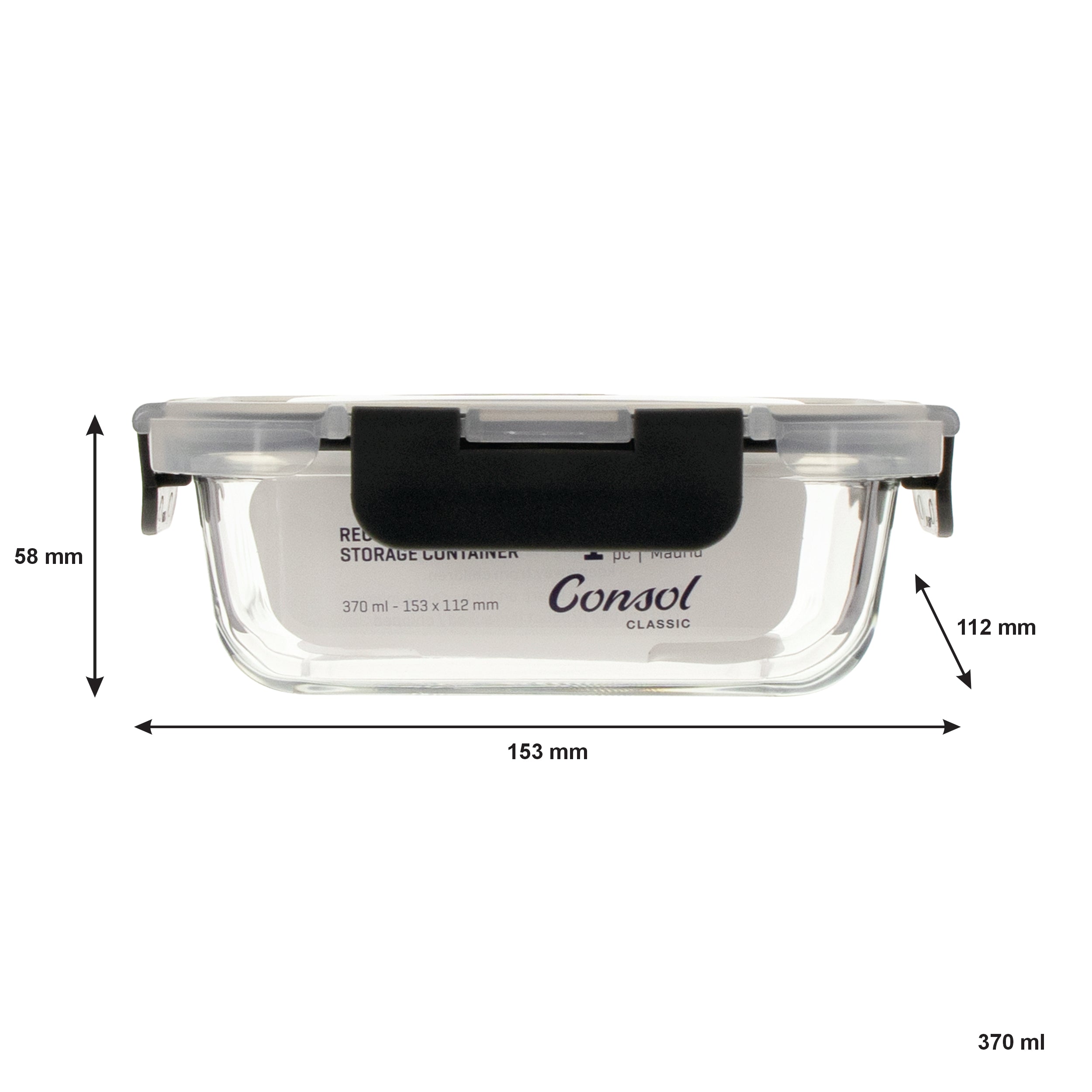 CONSOL MADRID RECT. STORAGE CONTAINER WITH VENTED CLIP ON LID, 370ML