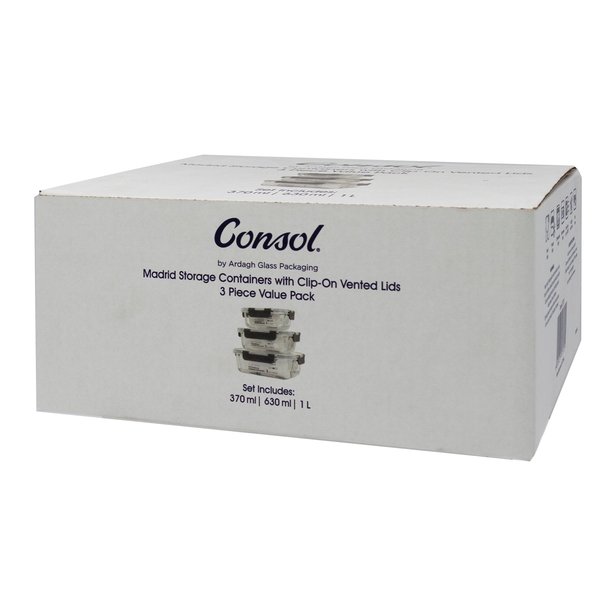 CONSOL MADRID STORAGE CONTAINERS WITH CLIP ON VENTED LIDS VALUE 3PK SET, 1L & 630ML & 370ML