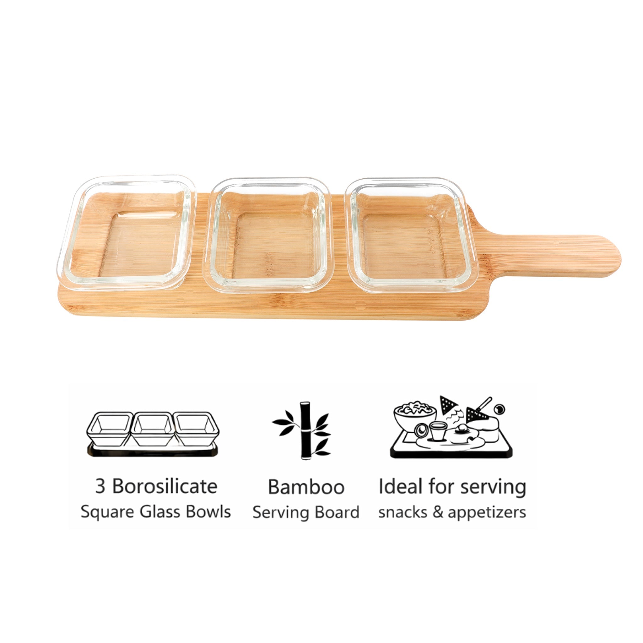 CONSOL SANTORINI 3 SQUARE GLASS BOWLS 140ML ON A BAMBOO SERVING BOARD 4PCS SET