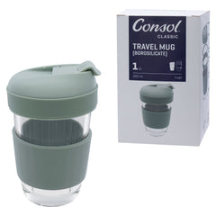CONSOL LUGO GLASS TRAVEL MUG WITH GREEN PLASTIC LID, 320ML