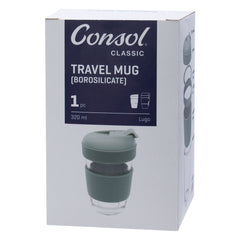 CONSOL LUGO GLASS TRAVEL MUG WITH GREEN PLASTIC LID, 320ML