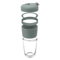 CONSOL LUGO GLASS TRAVEL MUG WITH GREEN PLASTIC LID, 320ML