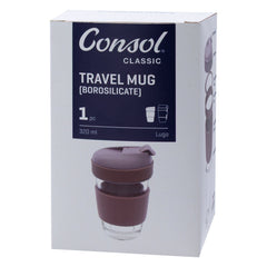 CONSOL LUGO GLASS TRAVEL MUG WITH PURPLE PLASTIC LID, 320ML