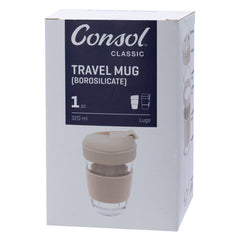 CONSOL LUGO GLASS TRAVEL MUG WITH BEIGE PLASTIC LID, 320ML