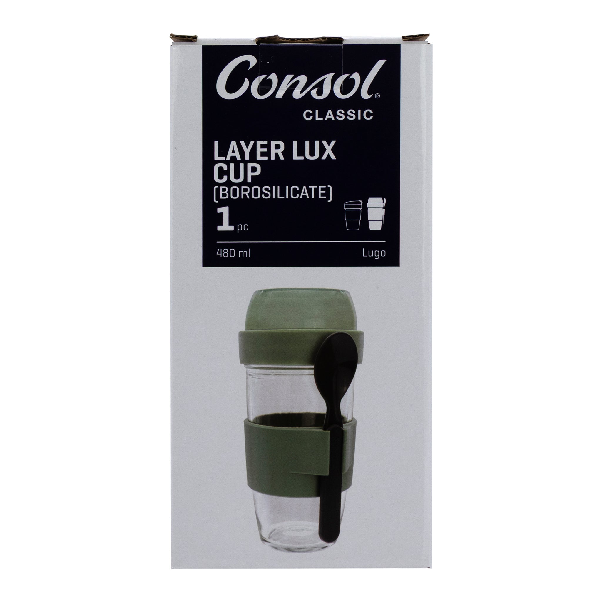 CONSOL LUGO LAYER LUX CUP WITH GREEN PLASTIC LID AND GREY SPOON, 480ML