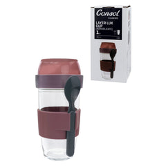 CONSOL LUGO LAYER LUX CUP WITH PURPLE PLASTIC LID AND GREY SPOON, 480ML