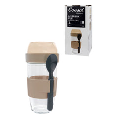 CONSOL LUGO LAYER LUX CUP WITH BEIGE PLASTIC LID AND GREY SPOON, 480ML