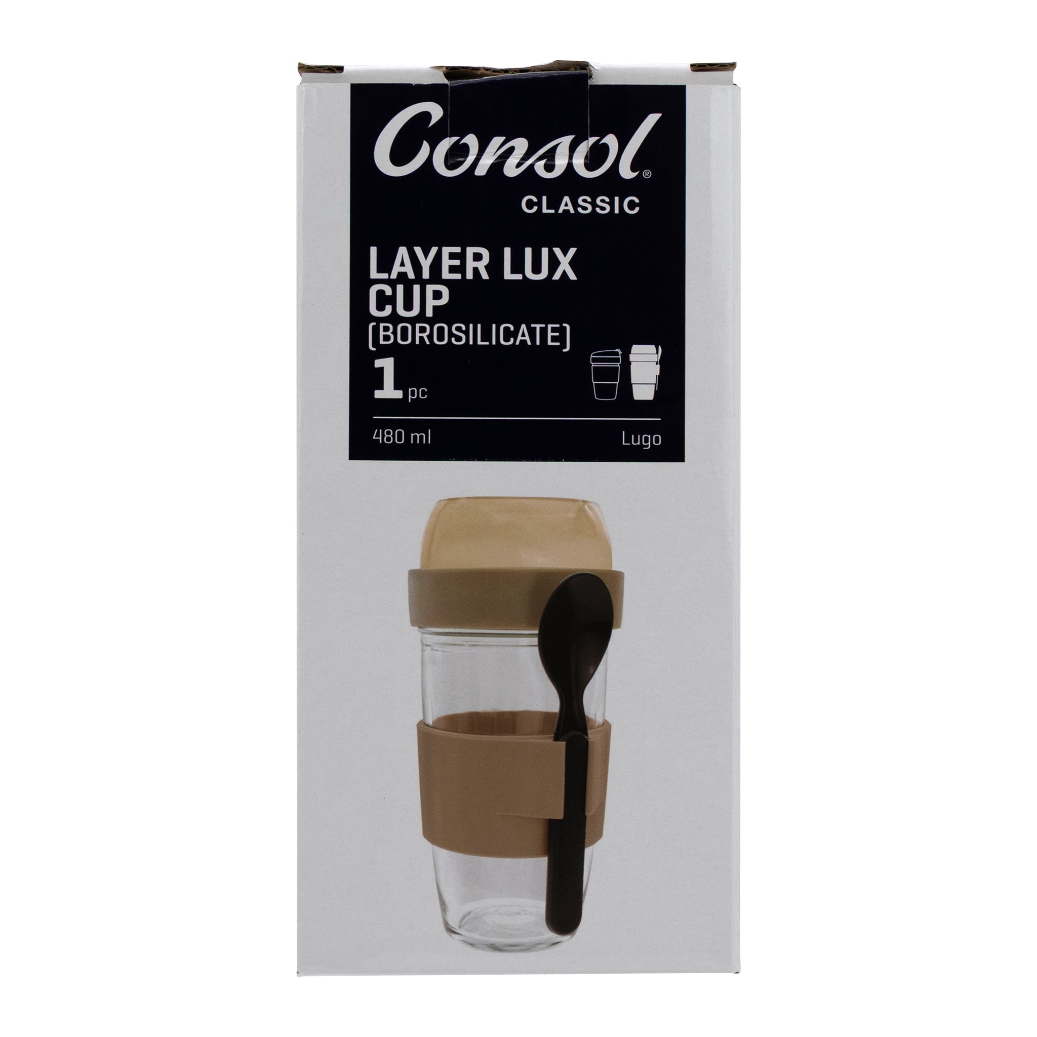 CONSOL LUGO LAYER LUX CUP WITH BEIGE PLASTIC LID AND GREY SPOON, 480ML