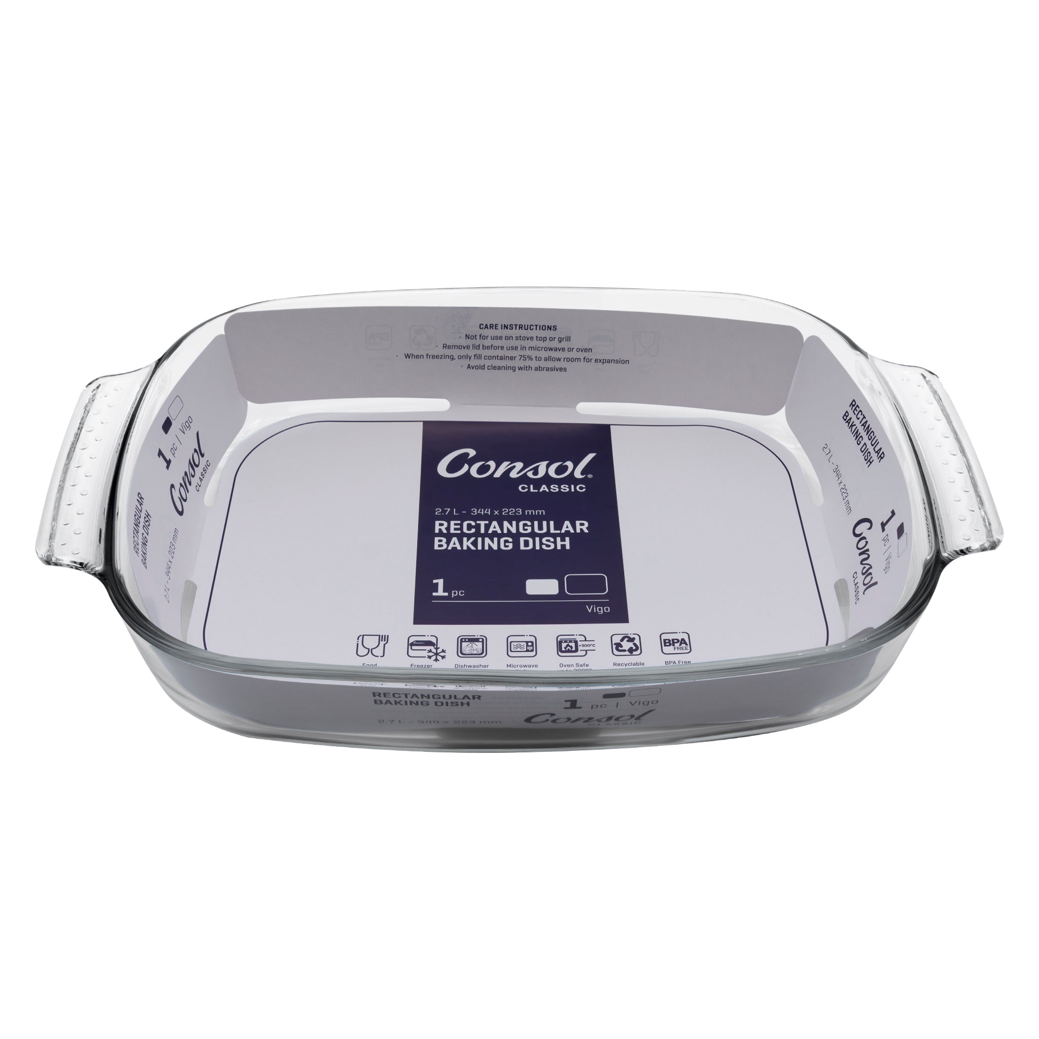 CONSOL VIGO RECTANGULAR GLASS BAKING DISH WITH GREY PLASTIC LID, 2.7L