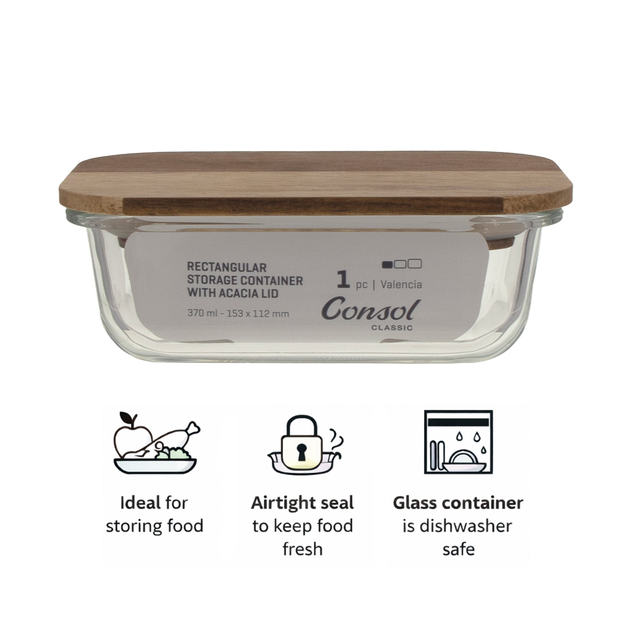 CONSOL VALENCIA RECT. FOOD STORAGE CONTAINER WITH ACACIA LIDS, 370ML