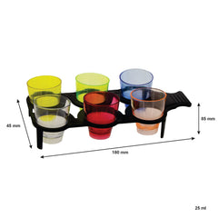 BAR BUTLER 6 ASST. COLOURED PLASTIC SHOT GLASSES ON A BLACK TRAY 7PK, 25ML - 40MM DIA