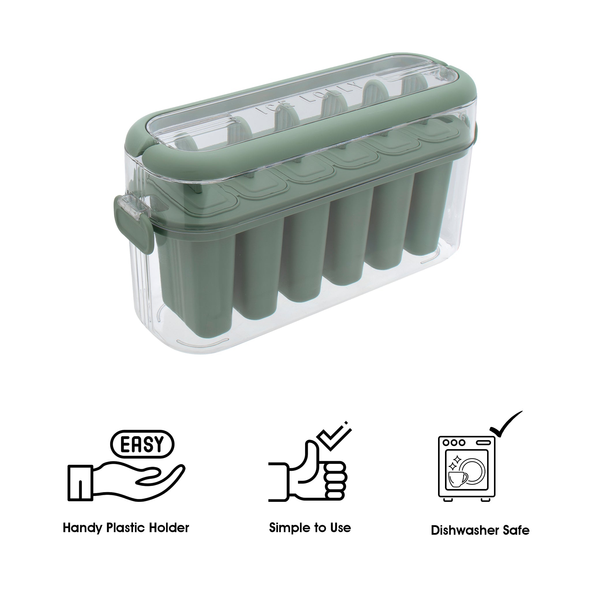 REGENT 6 ICE LOLLY MOULDS IN A SAGE COLOUR PLASTIC HOLDER WITH 2 HANDLES, 230X77MM