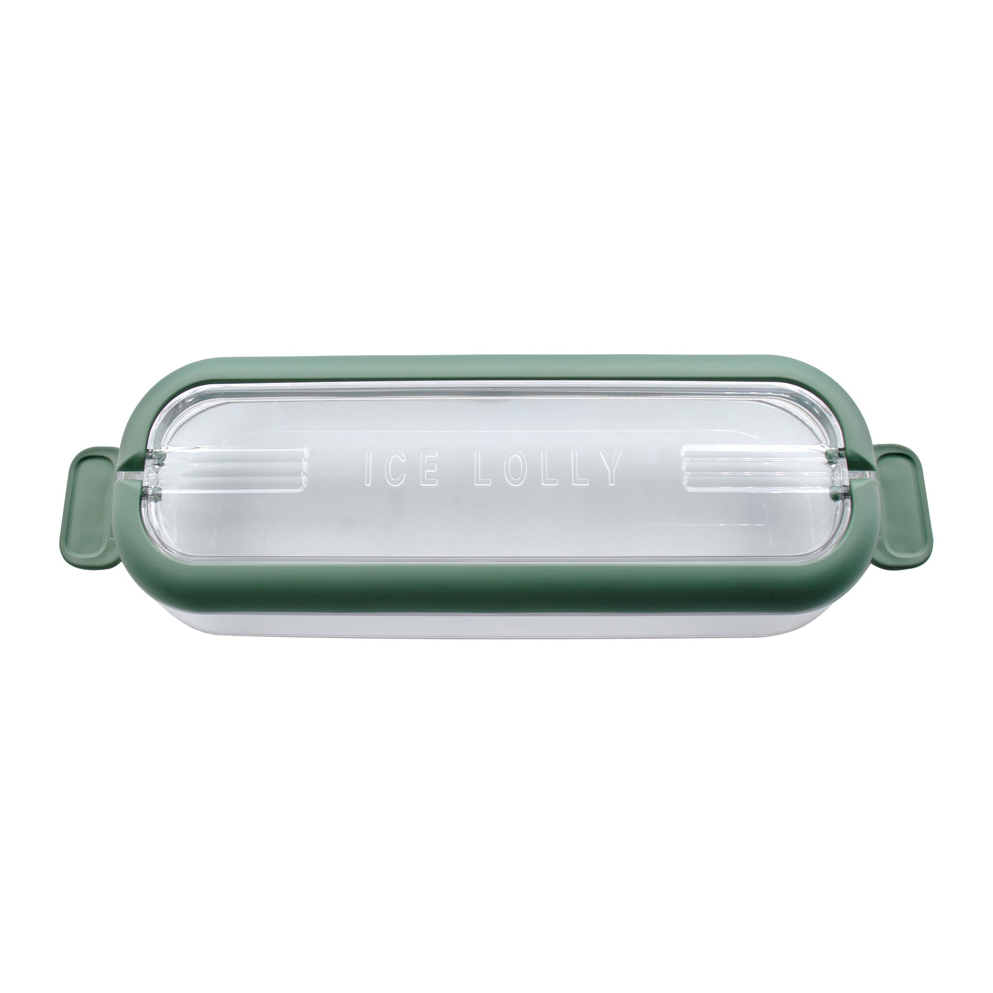 REGENT 6 ICE LOLLY MOULDS IN A SAGE COLOUR PLASTIC HOLDER WITH 2 HANDLES, 230X77MM