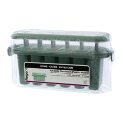 REGENT 6 ICE LOLLY MOULDS IN A SAGE COLOUR PLASTIC HOLDER WITH 2 HANDLES, 230X77MM