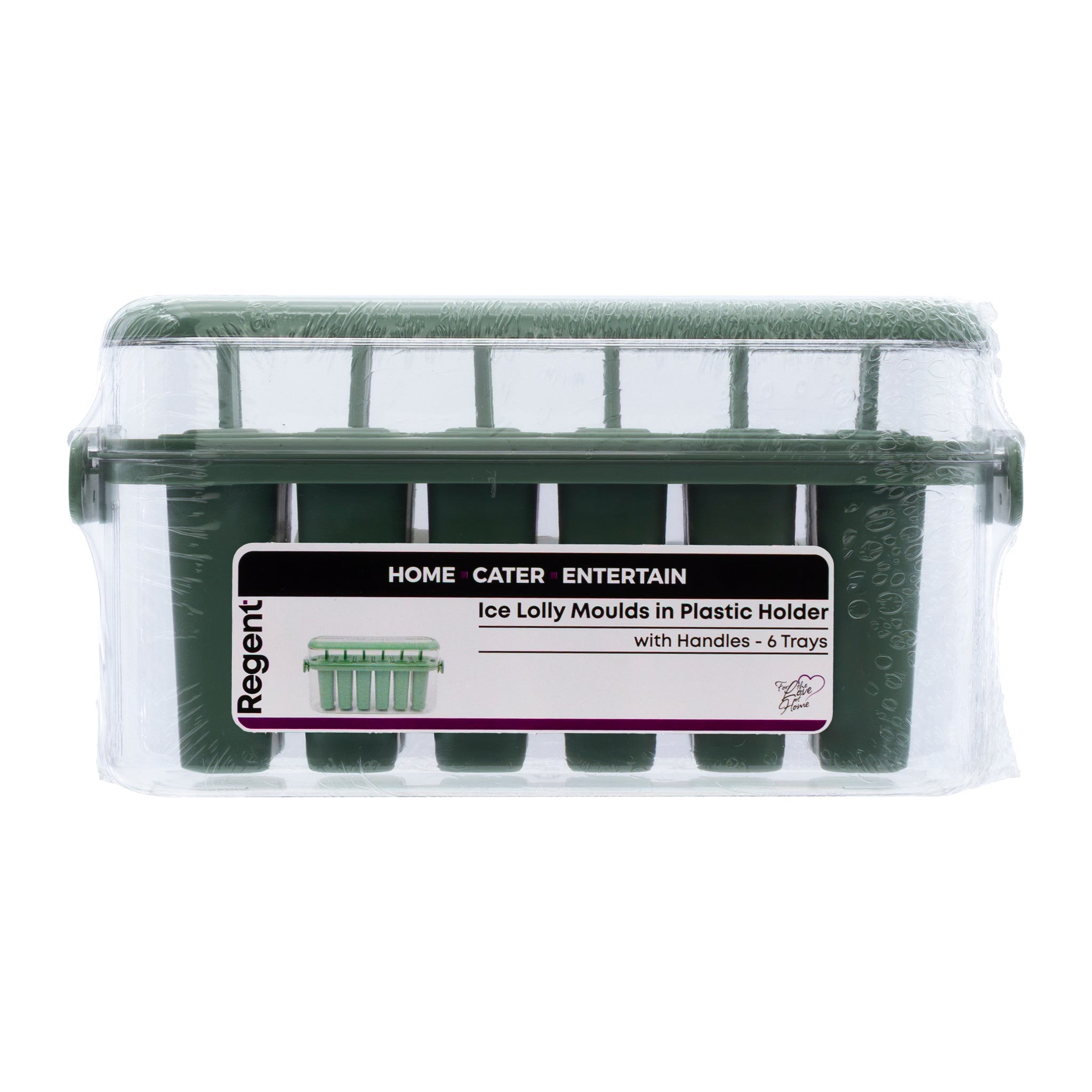 REGENT 6 ICE LOLLY MOULDS IN A SAGE COLOUR PLASTIC HOLDER WITH 2 HANDLES, 230X77MM