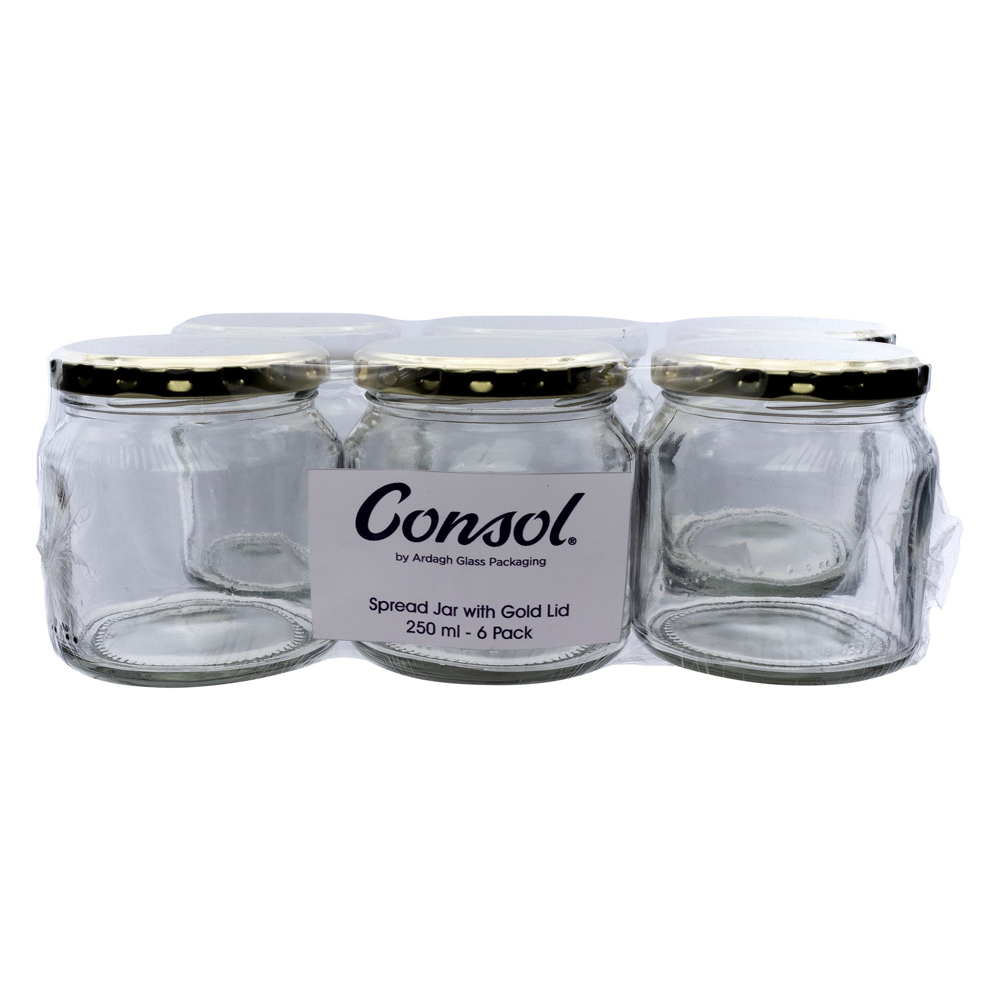 CONSOL SPREAD JARS WITH GOLD LIDS 6PK, 250ML