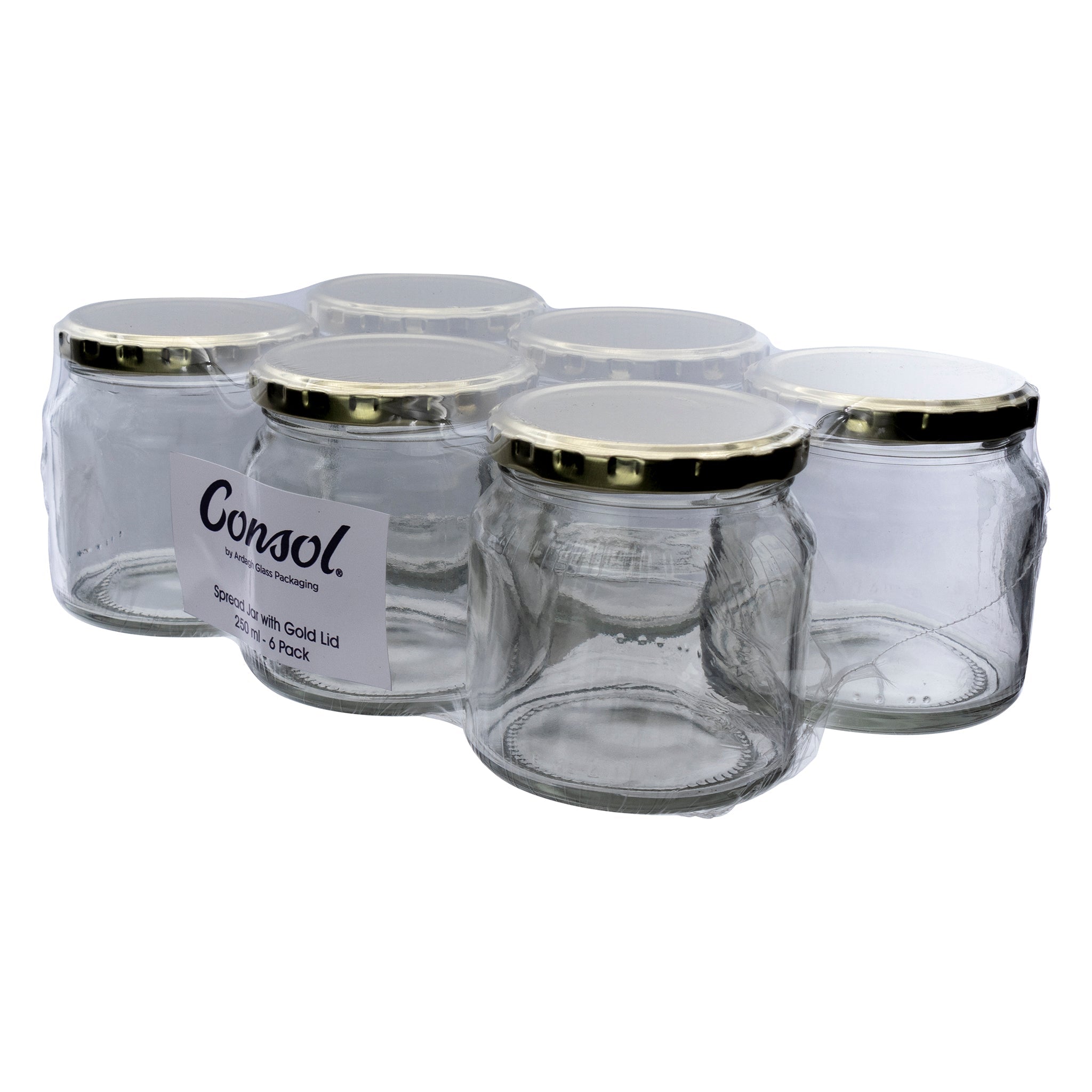 CONSOL SPREAD JARS WITH GOLD LIDS 6PK, 250ML
