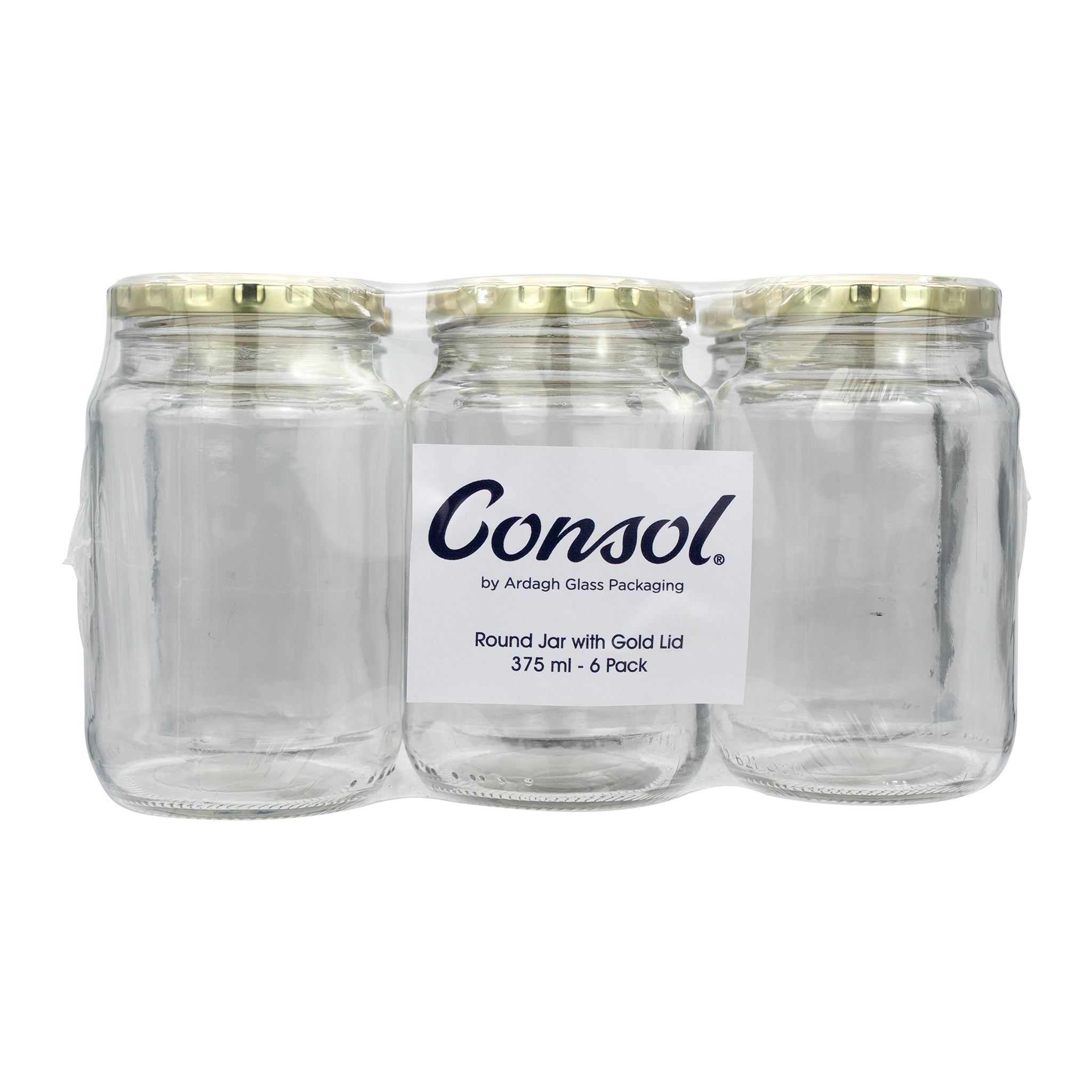 CONSOL ROUND JARS WITH GOLD LIDS 6PK, 375ML
